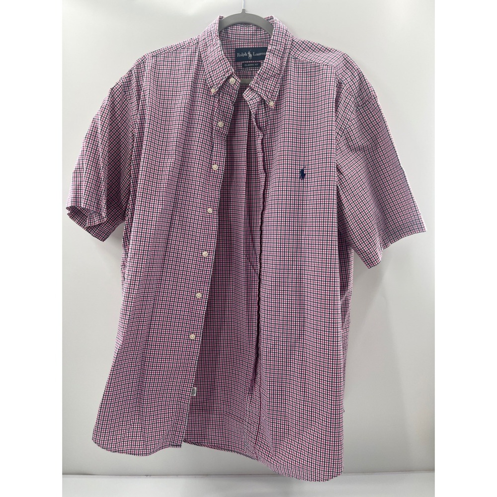 Ralph Lauren Classic Fit Gingham Shirt Mens XL Pink Navy Blue‎ Short Sleeve Pony